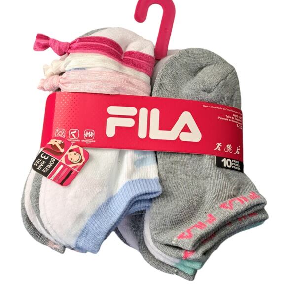 NWT Fila 10 Pairs Comfort Knit Soft Socks Bonus 3 Hair Ties Girls 7 to 10 Shoe - Picture 2 of 6